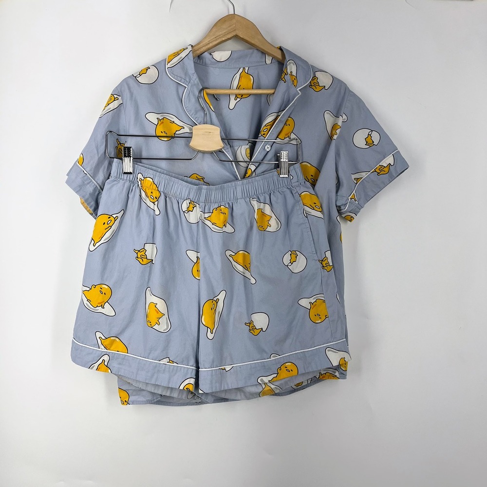 Sanrio Gudetama Pajama Set Blue Lazy Egg Short Sleeve Button Top Shorts Women XL